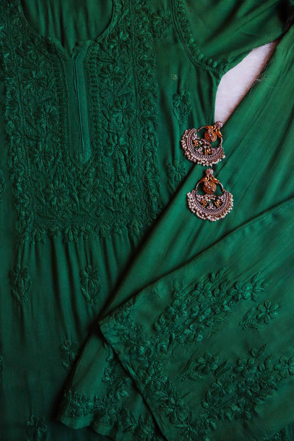RUHANA BOTTEL GREEN KURTA PANT SET